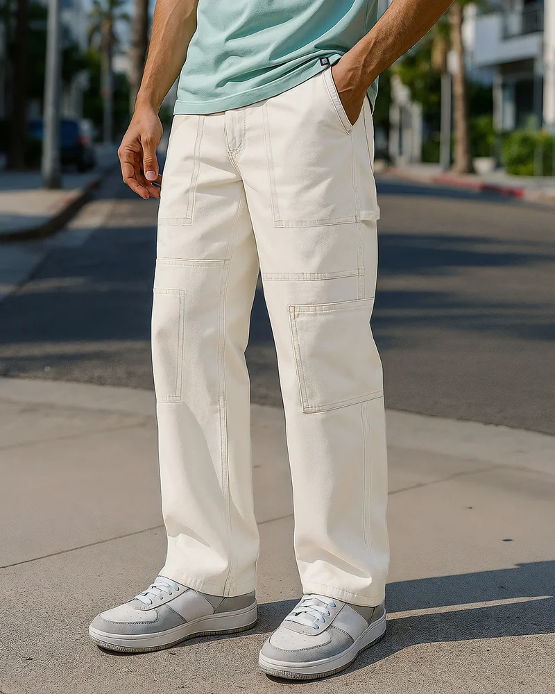 bewakoof Men's Beige Baggy Fit Cargo Carpenter Mid-Rise Jeans